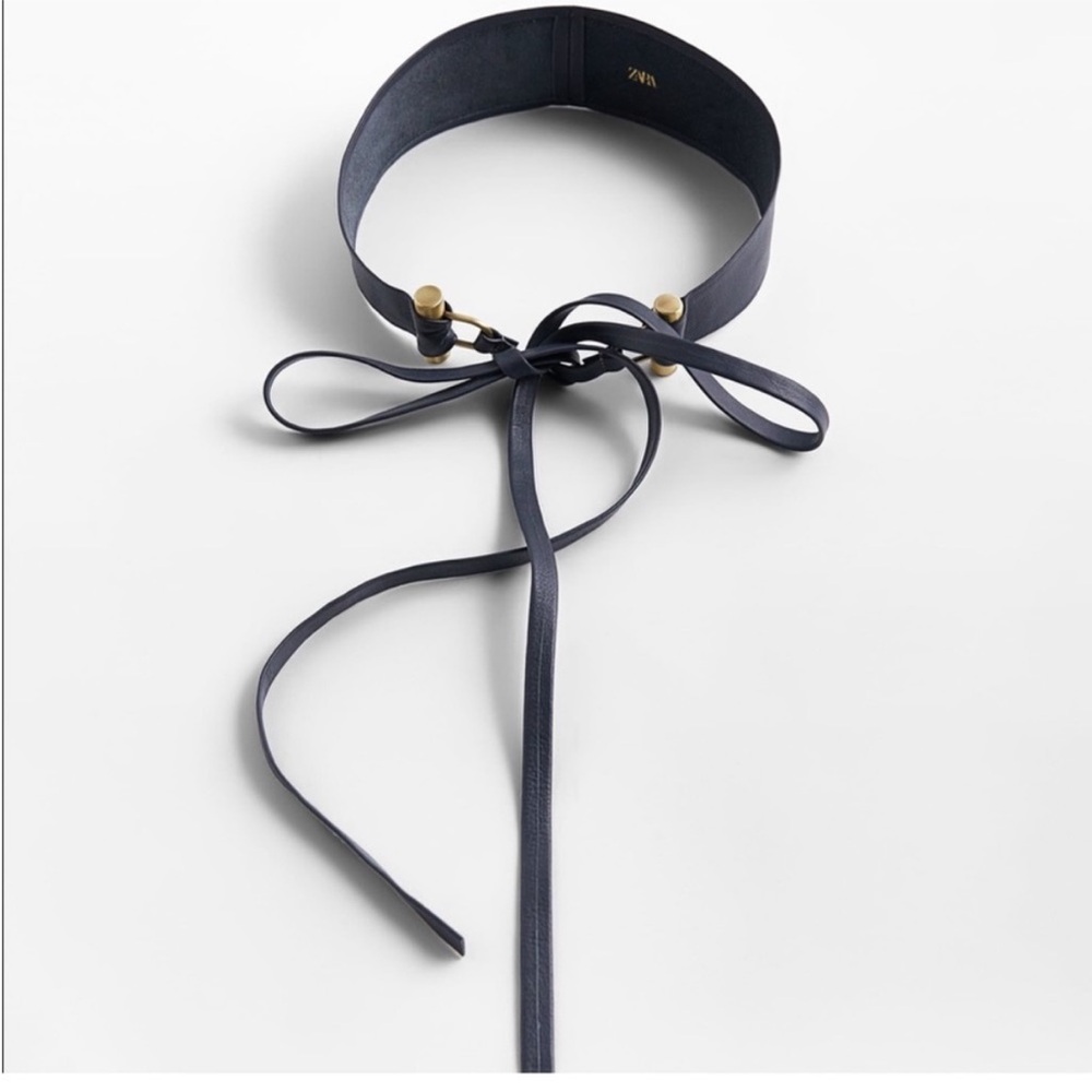 Zara NWT black Leather Tie belt with Gold Stud Details